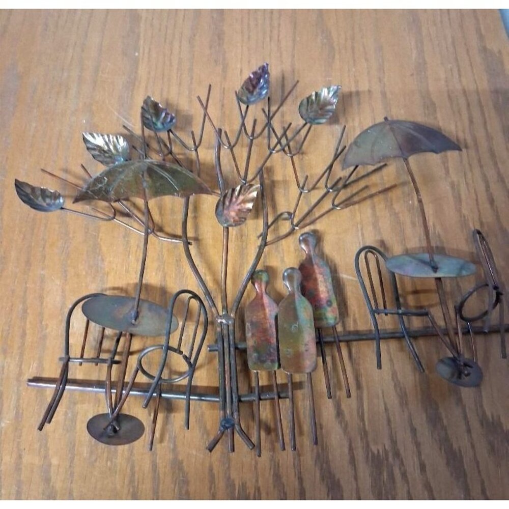 Vintage 1974 Enesco Copper Wall Art Sculpture With Tree Umbrellas & Chairs Made